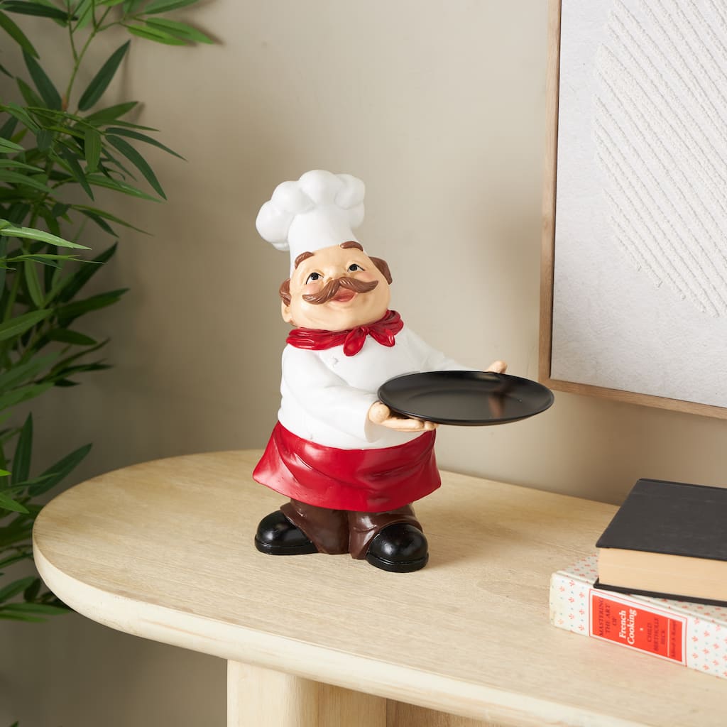 White Polystone Kitchen Decorative Figurine Chef Decorative Sculpture with Black Tray