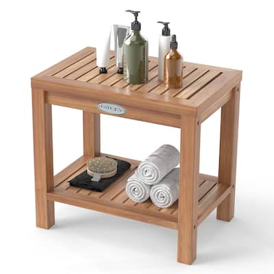 Gymax 19 Inch Teak Wood Shower Bench Inside Shower Stool w/ Storage