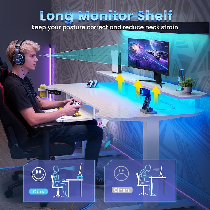 55" Standing Gaming Desk Long Computer Desk Power Strip Keyboard Tray