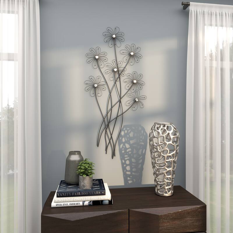 Black Metal 3D Wire Floral Home Wall Decor with Crystal Embellishments