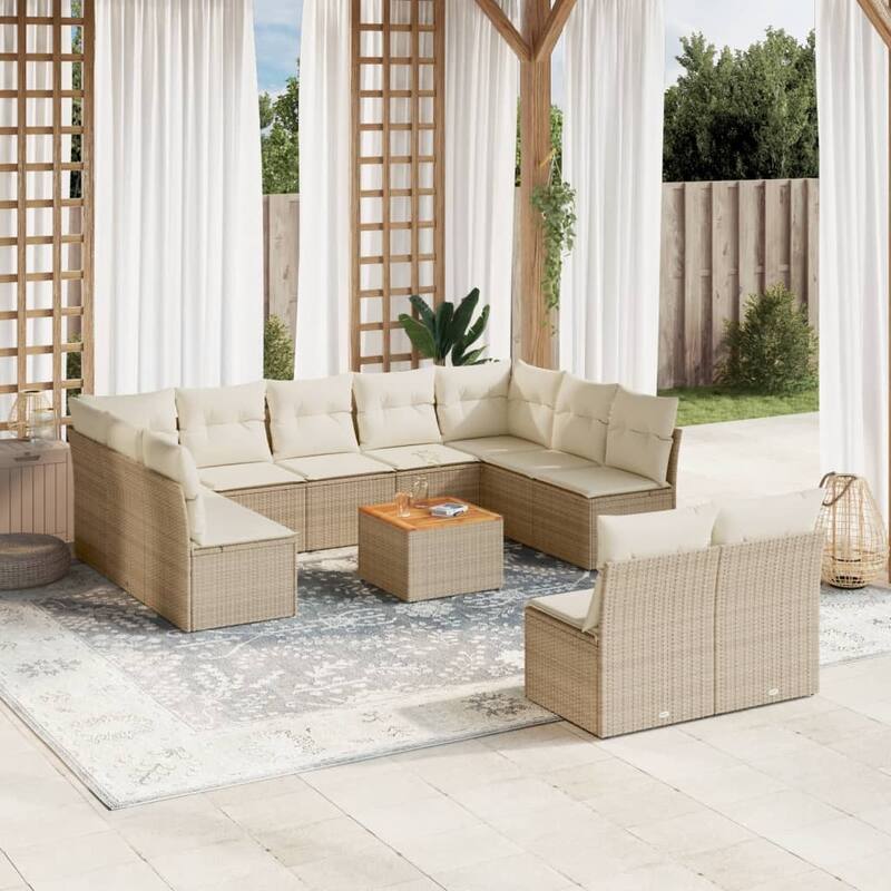 vidaXL Patio Sofa Set with Cushions Outdoor Furniture 12 Piece Poly Rattan - 24.4 x 24.4 x 27.2 - Beige and Cream