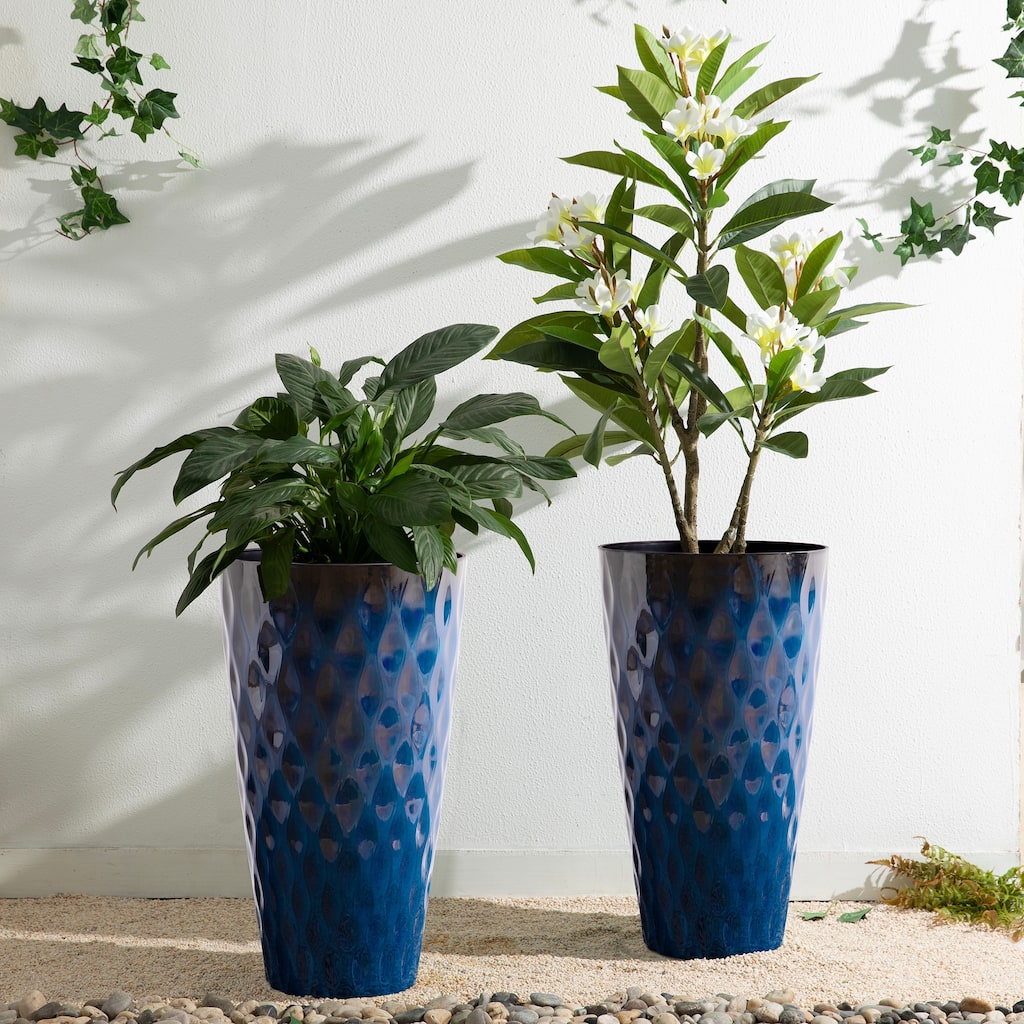 Glitzhome 23.75"H Set of 2 Oversized Wavy Texture Cobalt Blue/Turquoise/Red Tall Plastic Planter