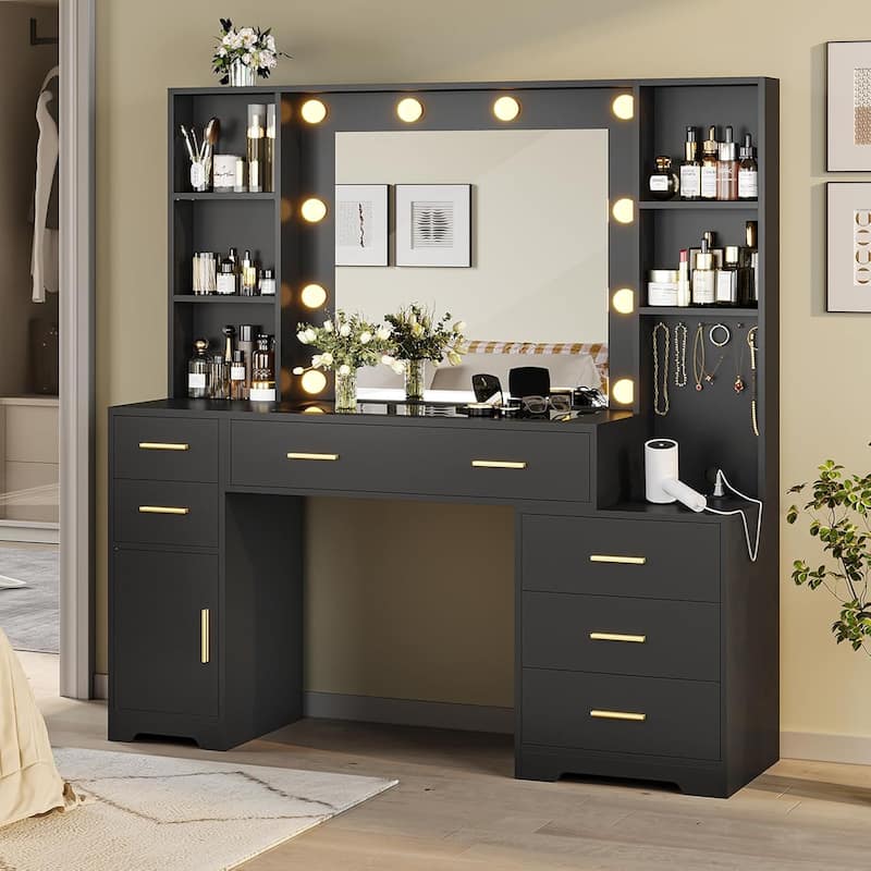 Vanity Desk Mirror Power Outlet 4 Shelves 6 Drawers Glass Tabletop