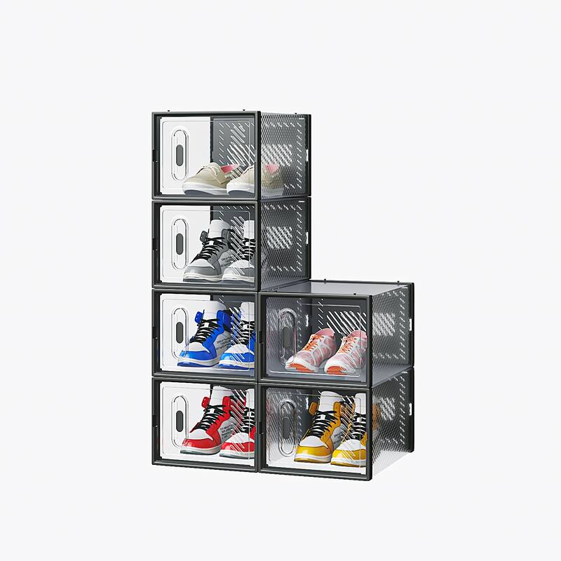 6-Piece Medium Black Plastic Mesh Shoe Box Set - 33x23x14cm, Modular Design for Home Storage - N/A