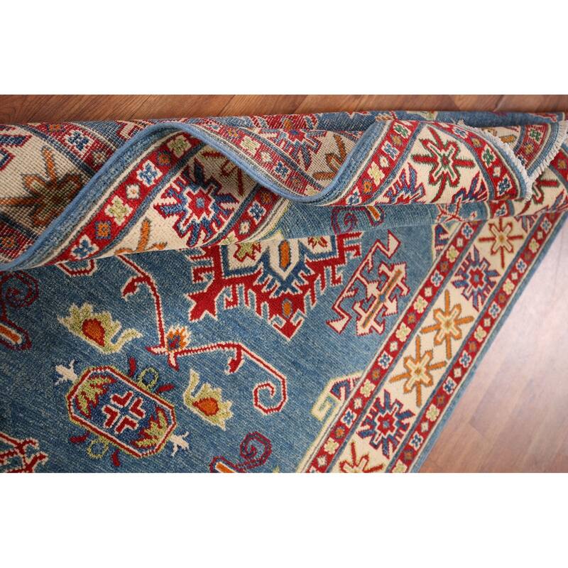 Light Blue Geometric Kazak Accent Rug Hand-Knotted Foyer Wool Carpet - 3'4" x 4'11"