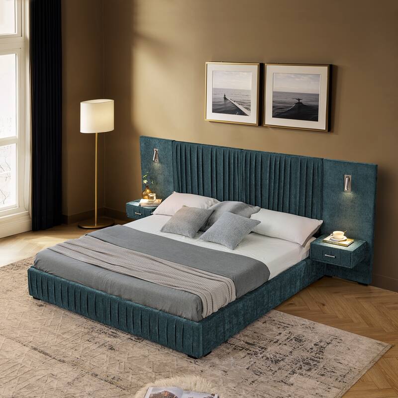 Queen Size Upholstered Platform Bed with Headboard, Integrated Bedside Table, and Adjustable Lamps, Blue-Green