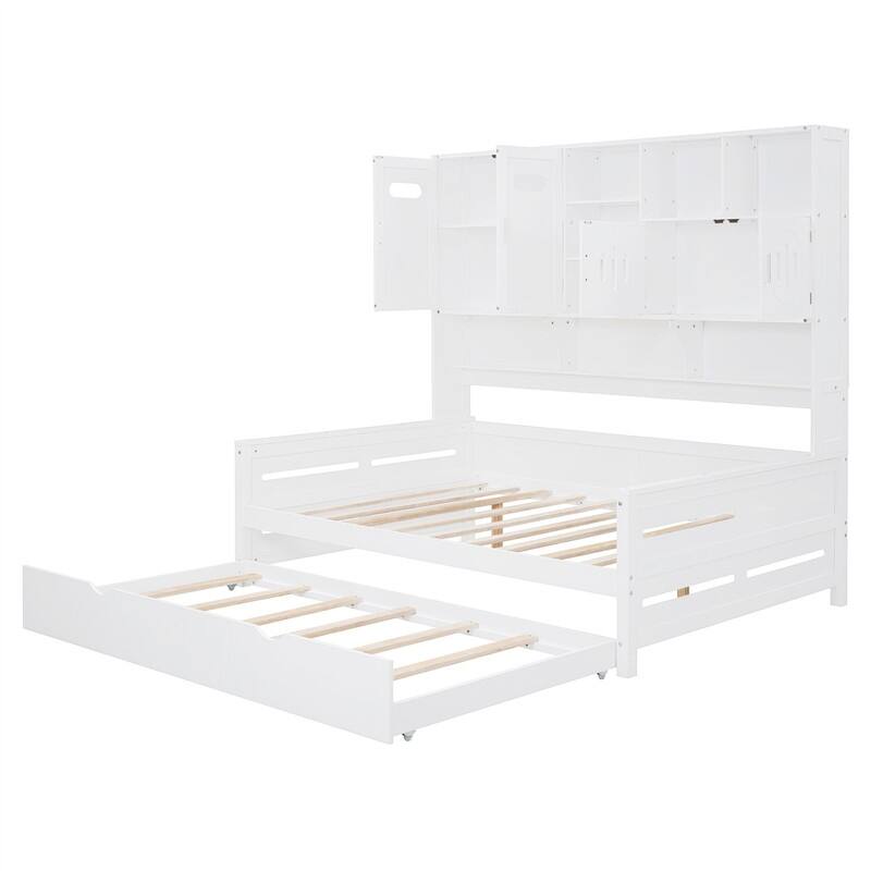 Wooden Daybed with Twin Size Trundle and All-in-One Cabinet, Twin/Full Size Daybed Frame Sofa Bed with Storage Shelves