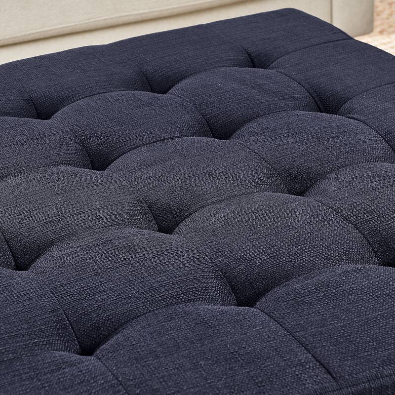 Upholstered Coffee Table Tufted Linen Large Square Ottoman with Beech Wood Shelf and Frame, Oversized Footrest Ottoman