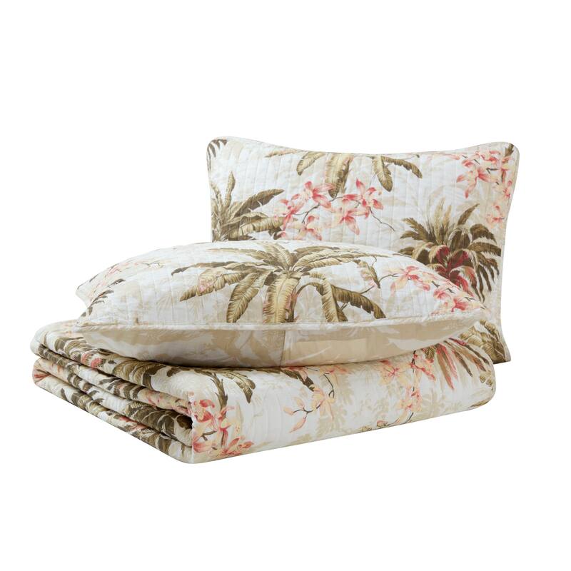Tommy Bahama Bonny Cove Floral Pattern With Palm Reverse Quilt (Beige, 3 Piece Set)
