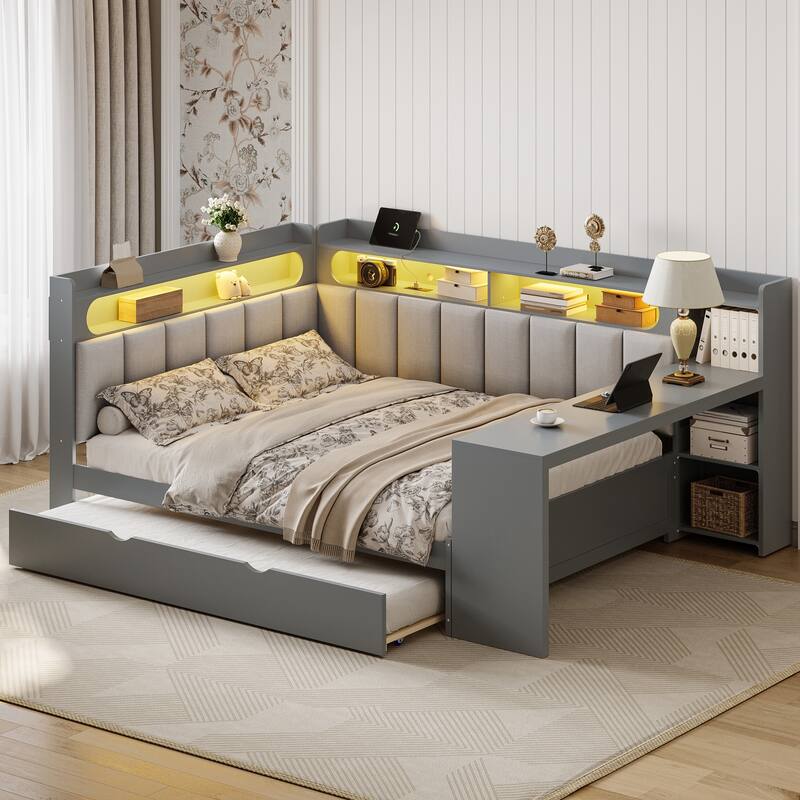 Full Size Daybed with Storage Shelves Built-in Charging Station LED Light, L-shape Upholstered Frame Sofa Bed with Cabinet, Desk