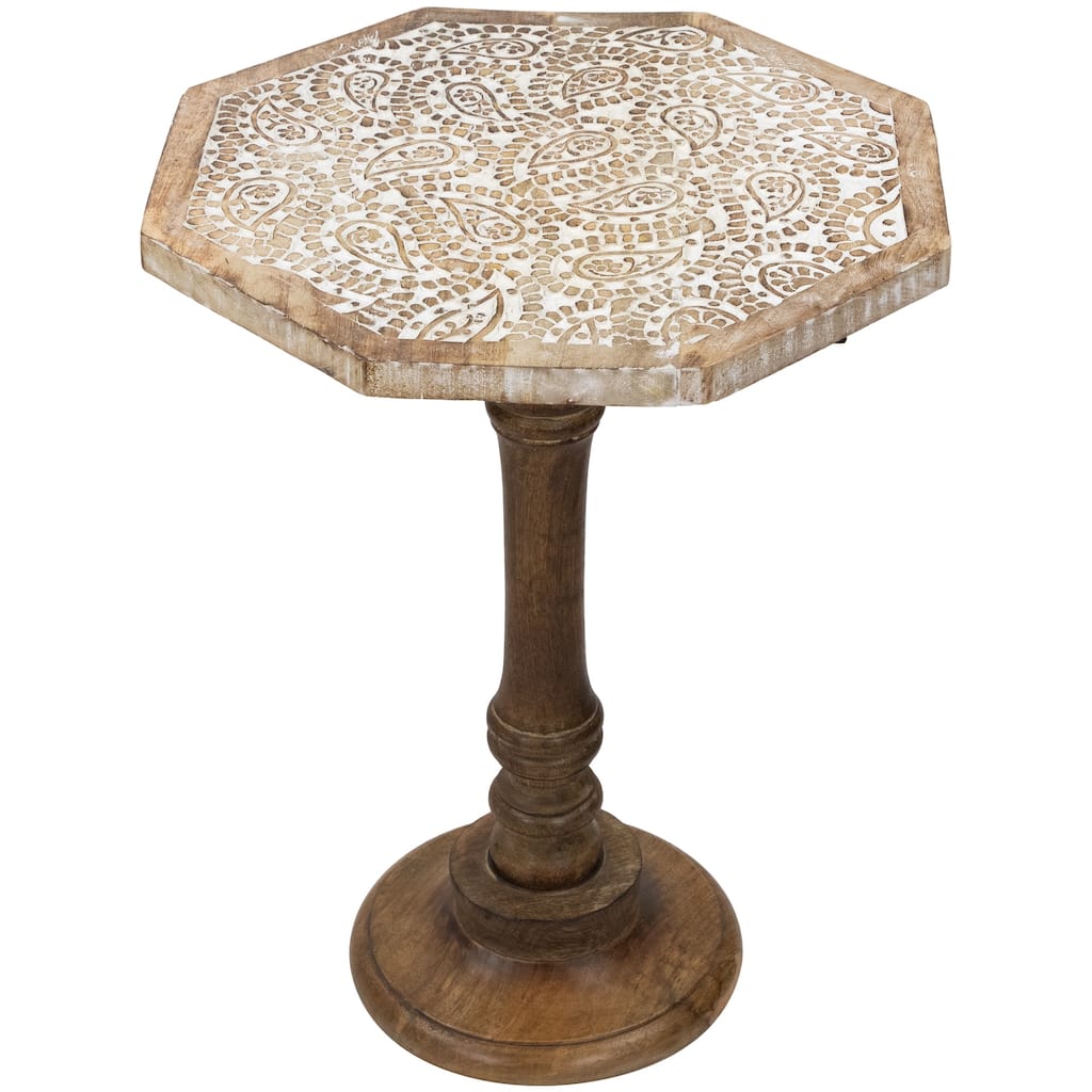 21" Wood Brushed White Engraved Paisley Octagonal Pedestal Side Table