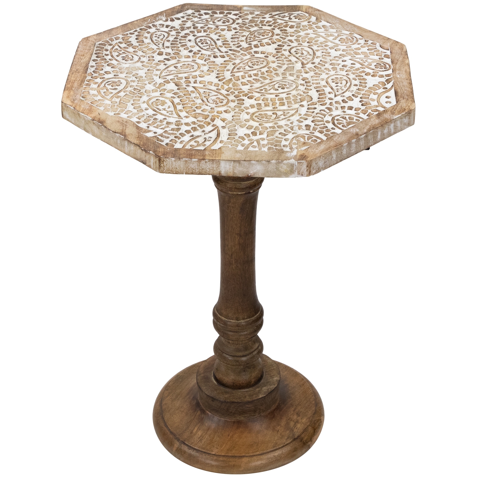 21" Wood Brushed White Engraved Paisley Octagonal Pedestal Side Table