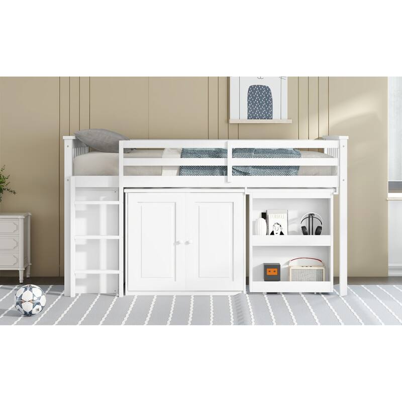 Roomfitters Twin Rubber Wood Loft Bed with Storage Cabinets, Pull-Out Desk, Safety Guardrail and Ladder