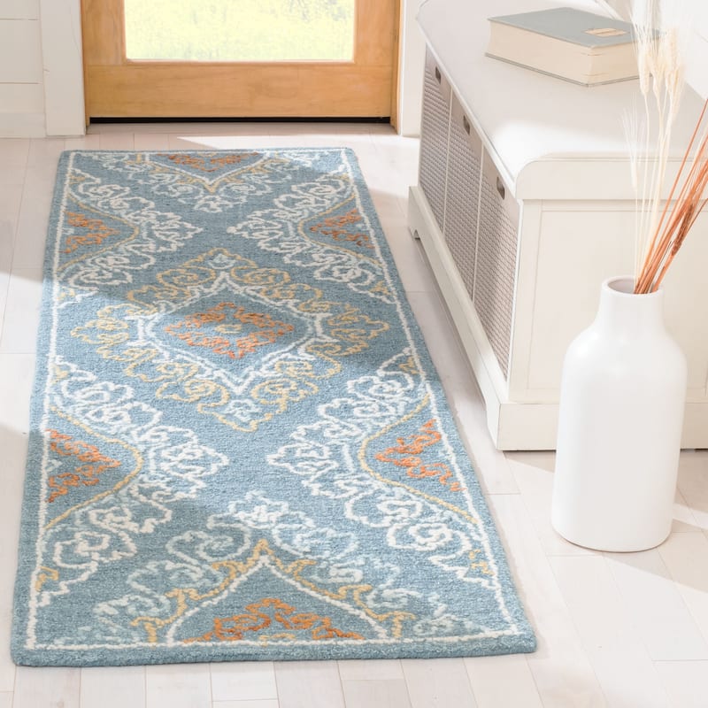 SAFAVIEH Handmade Blossom Telse Wool Rug - 2'3" x 8' Runner - Blue/Yellow