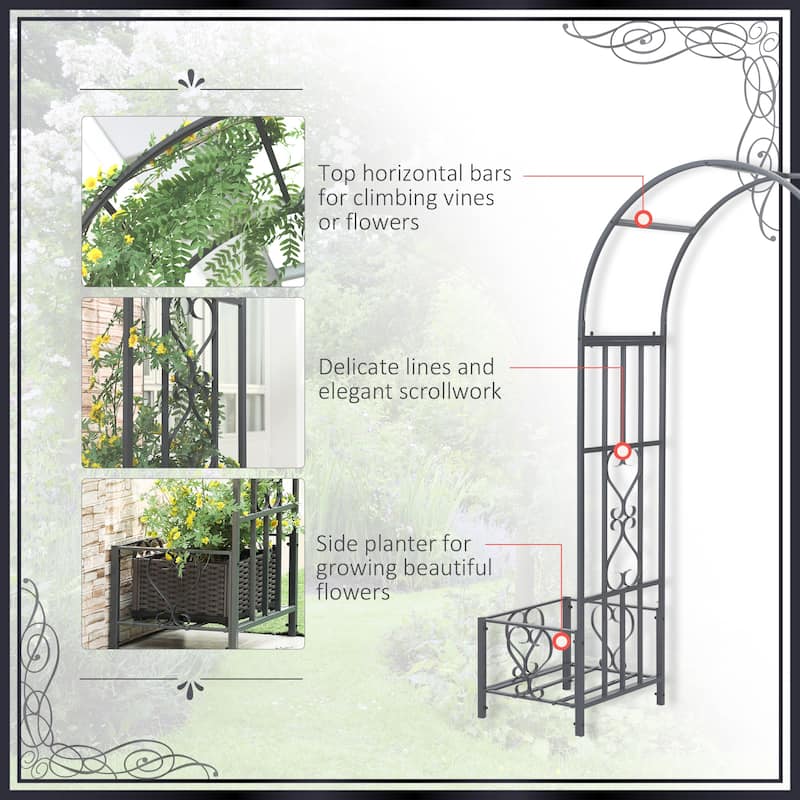 6.7' Steel Garden Arch Arbor with Scrollwork Hearts, Planter Boxes for Climbing Vines, Ceremony, Weddings, Party, Backyard