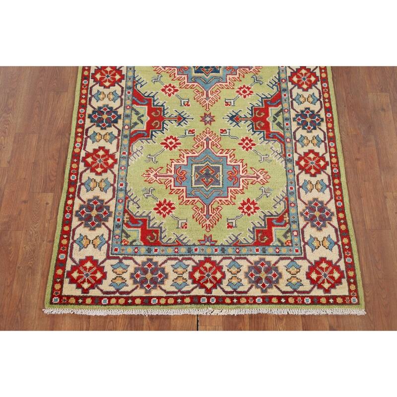 Pistachio Green Geometric Kazak Accent Rug Handmade Wool Carpet - 3'3" x 4'11"