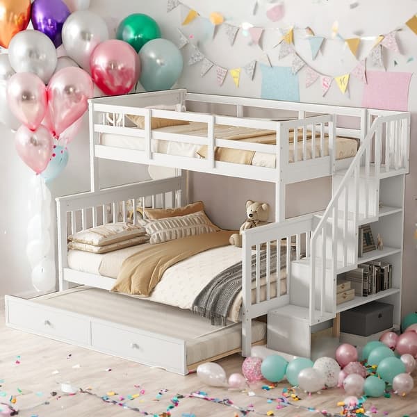 slide 2 of 20, Twin Over Full Bunk Bed with Twin size Trundle,GuardRail White