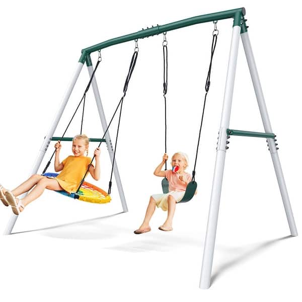 slide 2 of 8, 7.6' Heavy Duty Tall Swing Sets for Backyard for Kids with Spider Web Saucer Swing , Belt Swings
