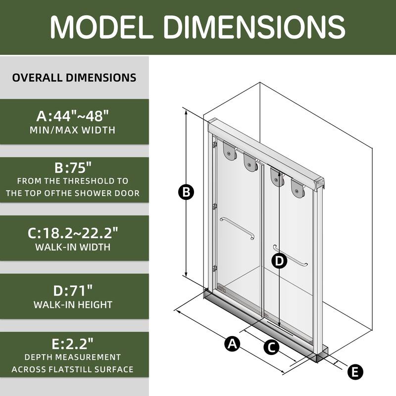48" Sliding Shower Door with Double Doors, 8mm Tempered Glass, Aluminum Frame and Stainless Steel Rollers
