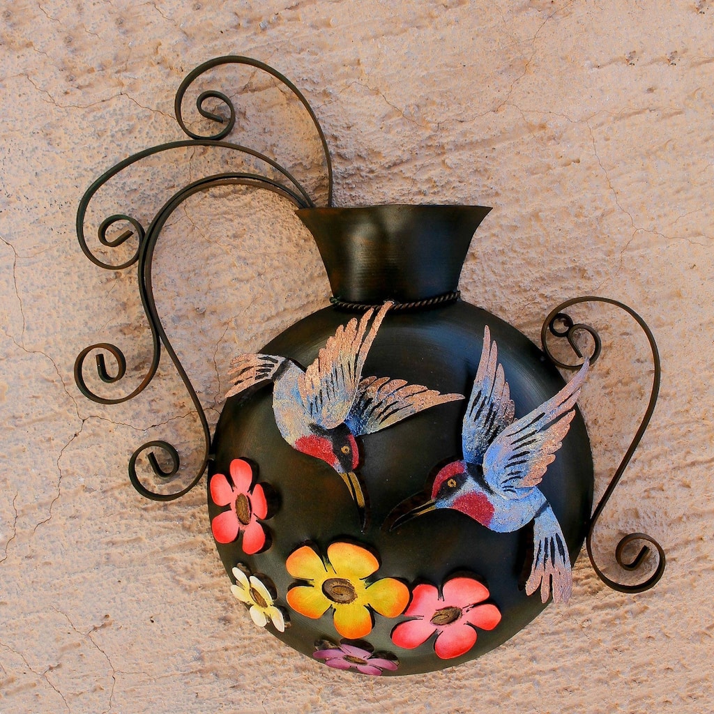 Steel wall sculpture, 'Hummingbirds and Flowers'