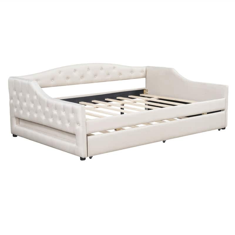 Full XL Size Daybed with LED Belt and Trundle, Upholstered Daybed Frame Sofa Bed with Button Tufted Design and Slats Support