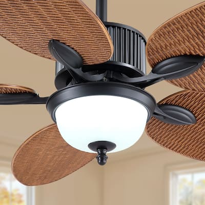 50 Inch Tropical Ceiling Fan with Palm Leaf Blades Glass Cover Remote Control Waterproof for Indoor and Outdoor Patio