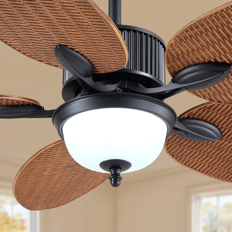50 Inch Tropical Ceiling Fan with Palm Leaf Blades Glass Cover Remote Control Waterproof for Indoor and Outdoor Patio