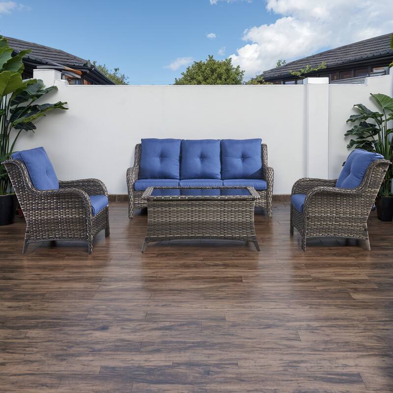 Gymojoy 4-Piece Outdoor Patio Sofa Chair with Coffee Table Weather-resistance - Grey - Blue