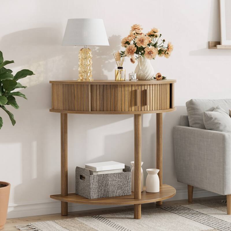 Anmytek 31.5" Grooved Half-Moon Console Table, Farmhouse Entryway Sofa Table, Walnut