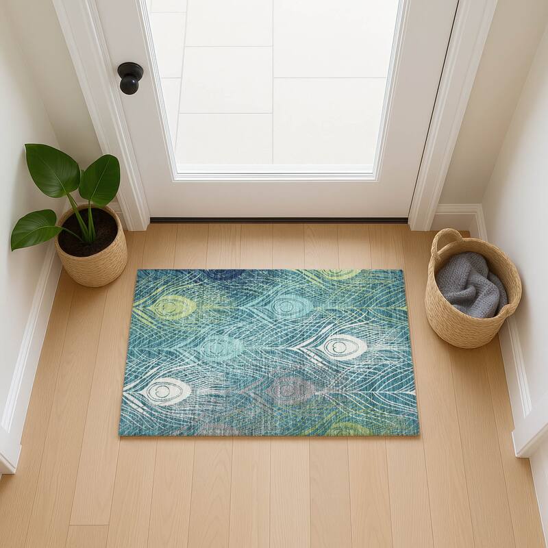 Machine Washable Indoor/ Outdoor Modern Peacock Chantille Rug
