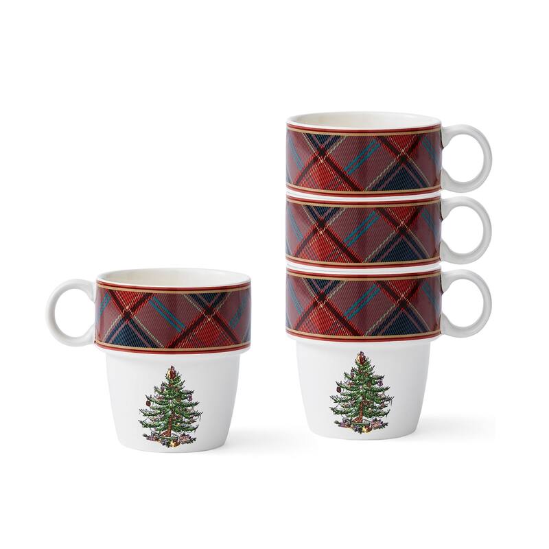 Spode Set of 4 Christmas Tree Tartan Stackable Mugs - 4 Piece - 4.75" W x 4" H - Multicolored
