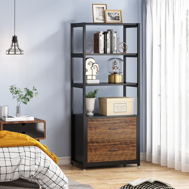 4-Tier Rustic Bookcases with 2 Drawers, Etagere Standard Book Shelves Display Shelf for Home Office