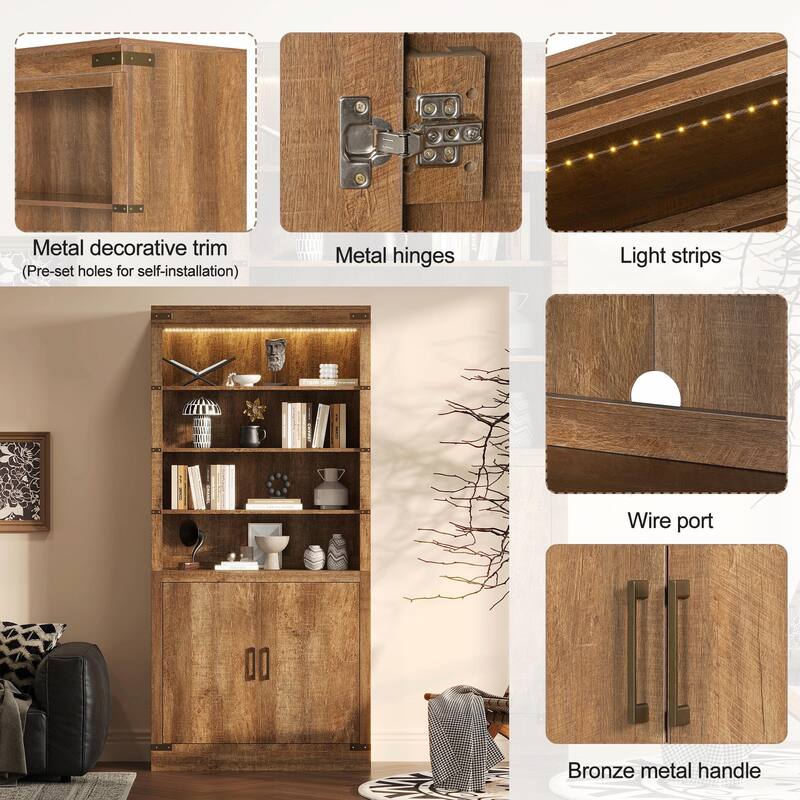83.4" Tall Modern Bookshelf with Doors, Farmhouse Bookcase Featuring 3-Tier Adjustable Shelves & LED Display Lighting