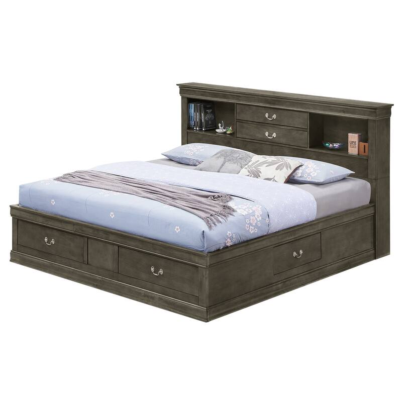 Southwestern Style Full Storage Bed - Gray Platform Bed with 6 Drawers & Bookcase Headboard