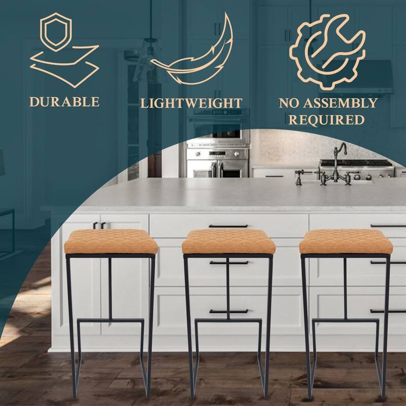 Quincy Leather Quilted Counter Height Barstool (Set of 2) with Upholstered Square Seats & Footrest for Home Bar & Kitchen