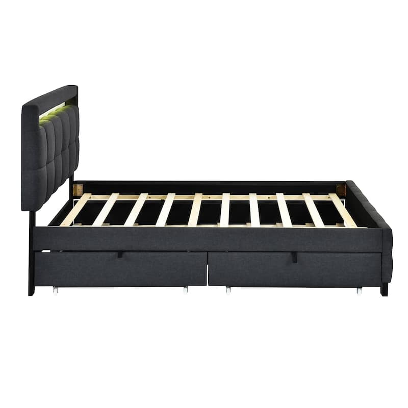 HomeRoots Black Tufted Upholstered Lighted Queen Bed Frame With Trundle And USB And Drawers