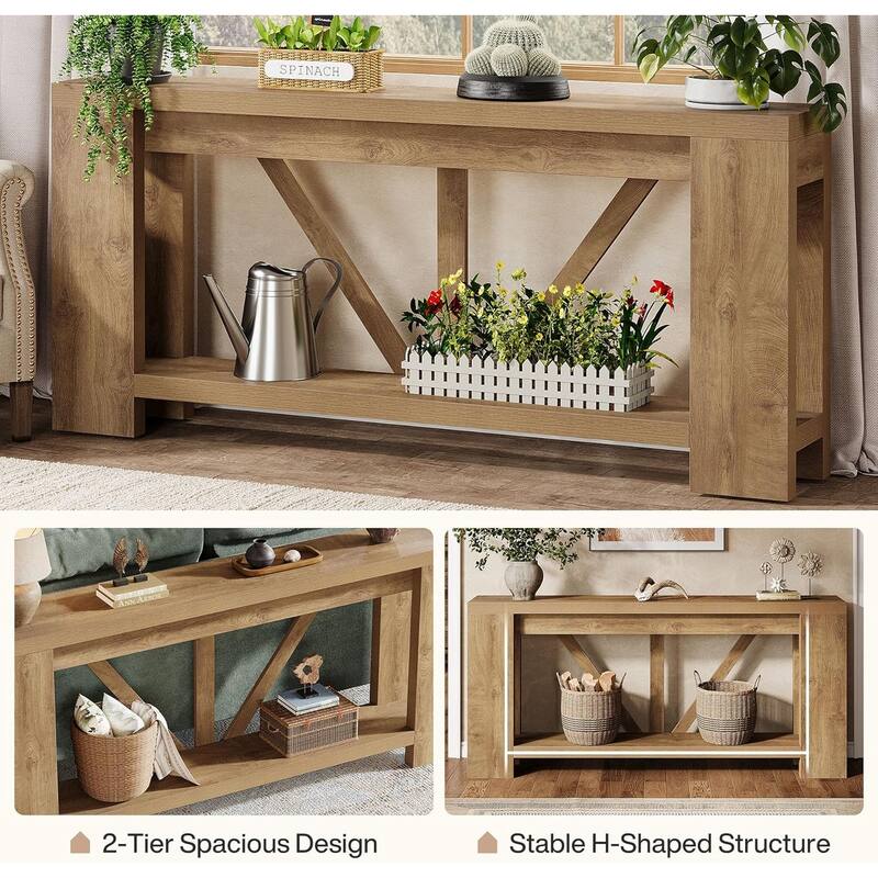 70.9 Inches Extra Long Console Table, 2 Tiers Farmhouse Entryway Sofa Table