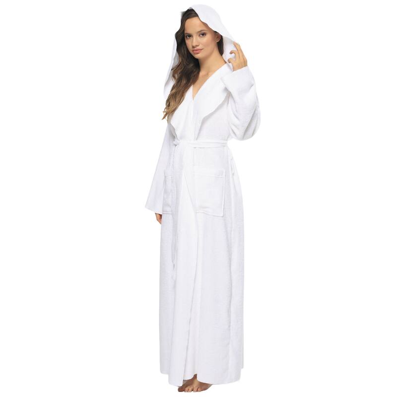 Women's Angel Stlyle Robe Ankle Long Hooded Turkish Cotton Bathrobe - Large - White