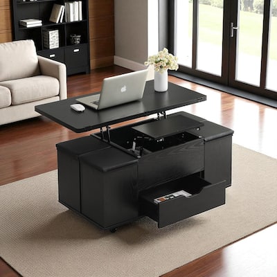 Multi-Functional Lift-Top Coffee Table with Hidden Storage, 4 Stools & Casters, Modern Center Table for Small Spaces
