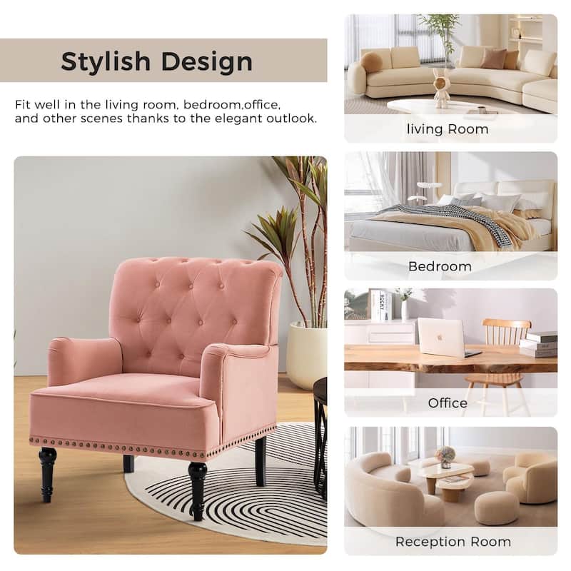 Geltrude Transitional Upholstered Button Tufted Club Chair with turned wooden Legs by HULALA HOME
