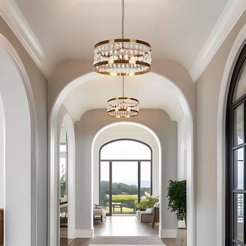 Modern 6-Light Crystal Beaded Drum Chandelier Gold Pendant for Dining Room Kitchen Island - Plating Brass - D21.7" x H73.6"
