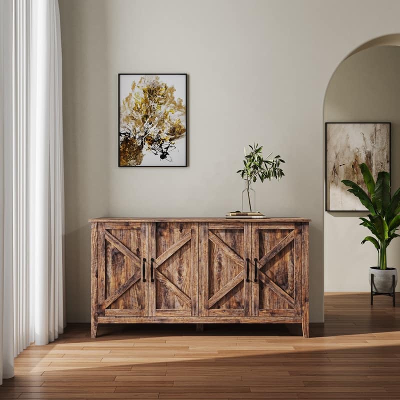 Farmhouse Style 59'' Storage Sideboard Cabinet with 4 Doors and 4 Open Shelves