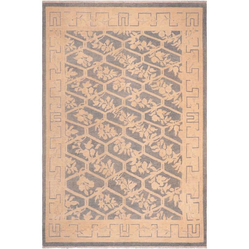 Hexagonal Trellis Floral Hand-Knotted Wool Area Rug - 7'11'' x 9'10''