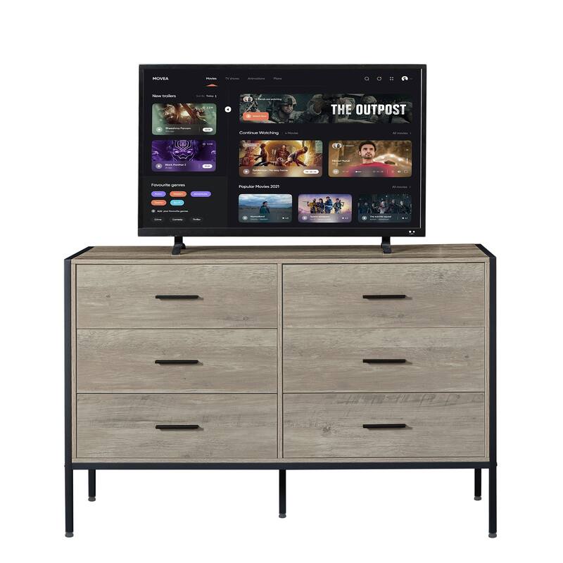 Wood Dresser with 6 Drawers, Solid Clothes Cabinet with Sturdy Steel Frame, 48.58"W×15.75"D×31.22"H, 48 inch, Rustic Grey