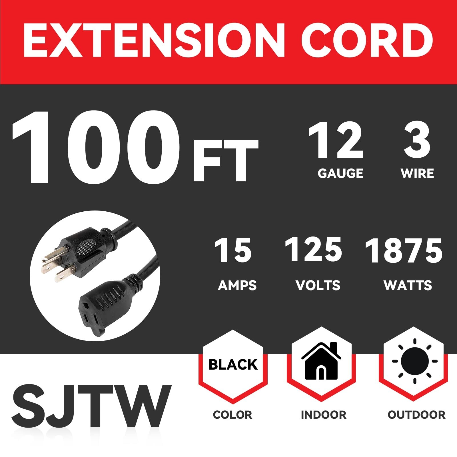 US Wire & Cable 100ft 12/3 SJTW Extension Cord w/ 3 Grounded Outlets, Wind- lock