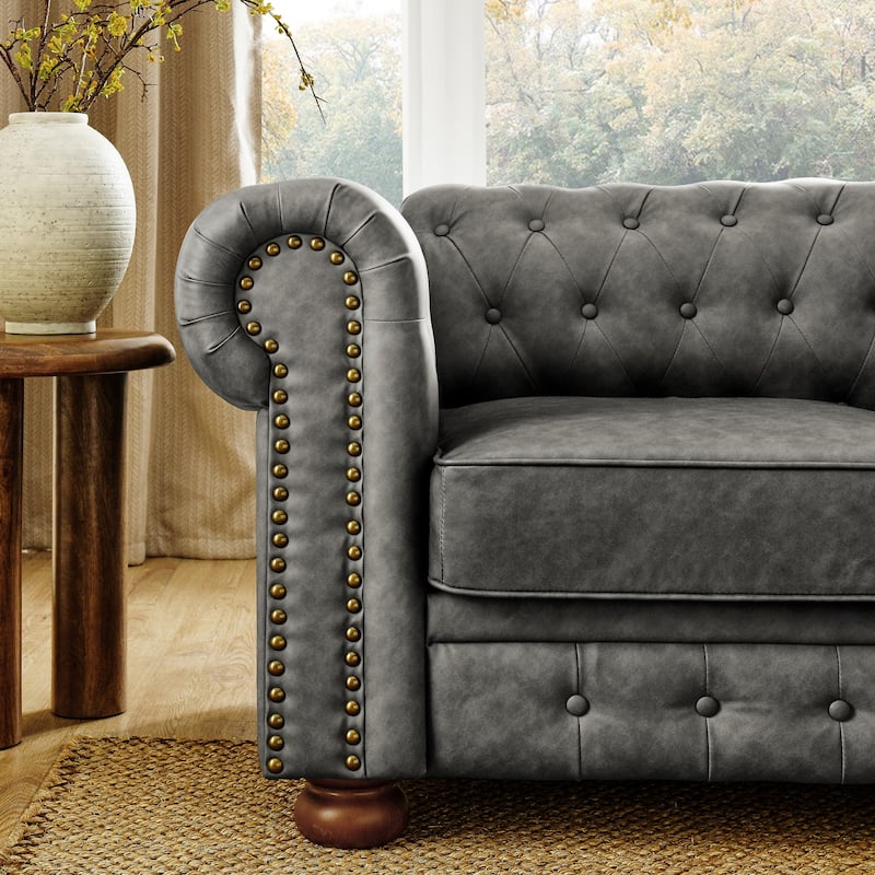 88.5" PU 3-Seater Sofa with Nailhead Accents, Solid Wood Frame for Living Room