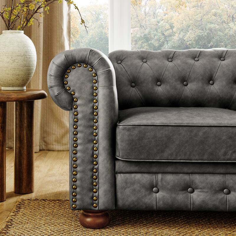 Roomfitters Chesterfield Tufted Linen Upholstered 3-Seater Sofa with Scrolled Arms and Nailhead Trim
