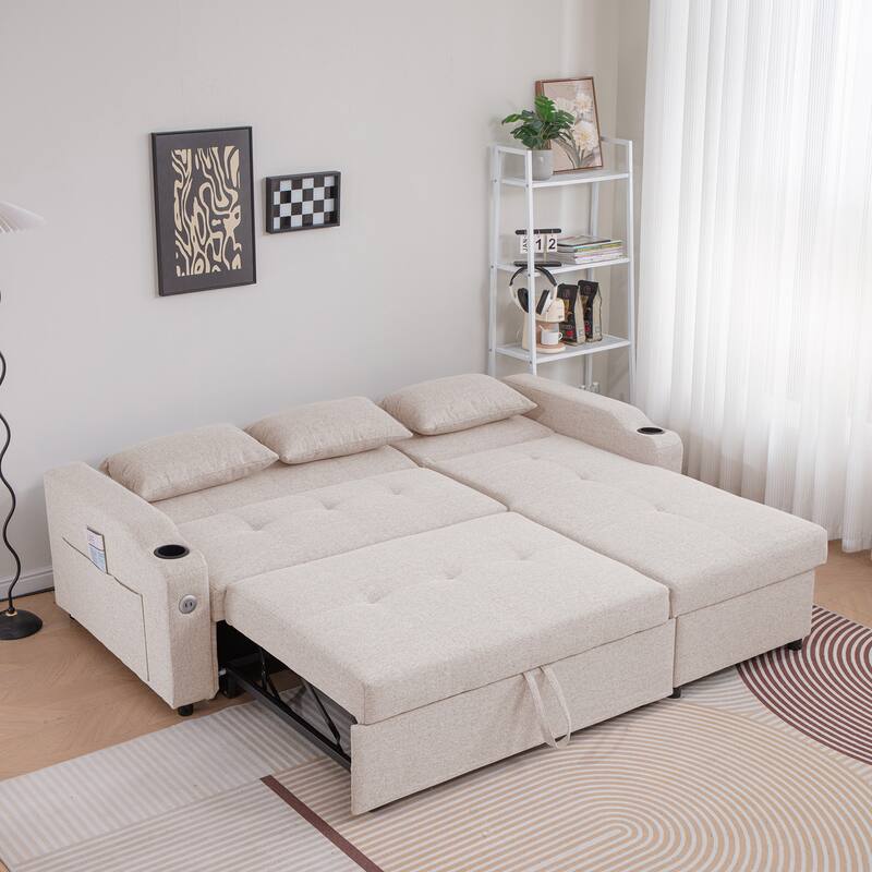 84"Adjustable Backrest Sofa Bed,3 in 1 Linen Sleeper with USB Ports & Cup Holders,Pull Out Couch Bed with Storage Chaise