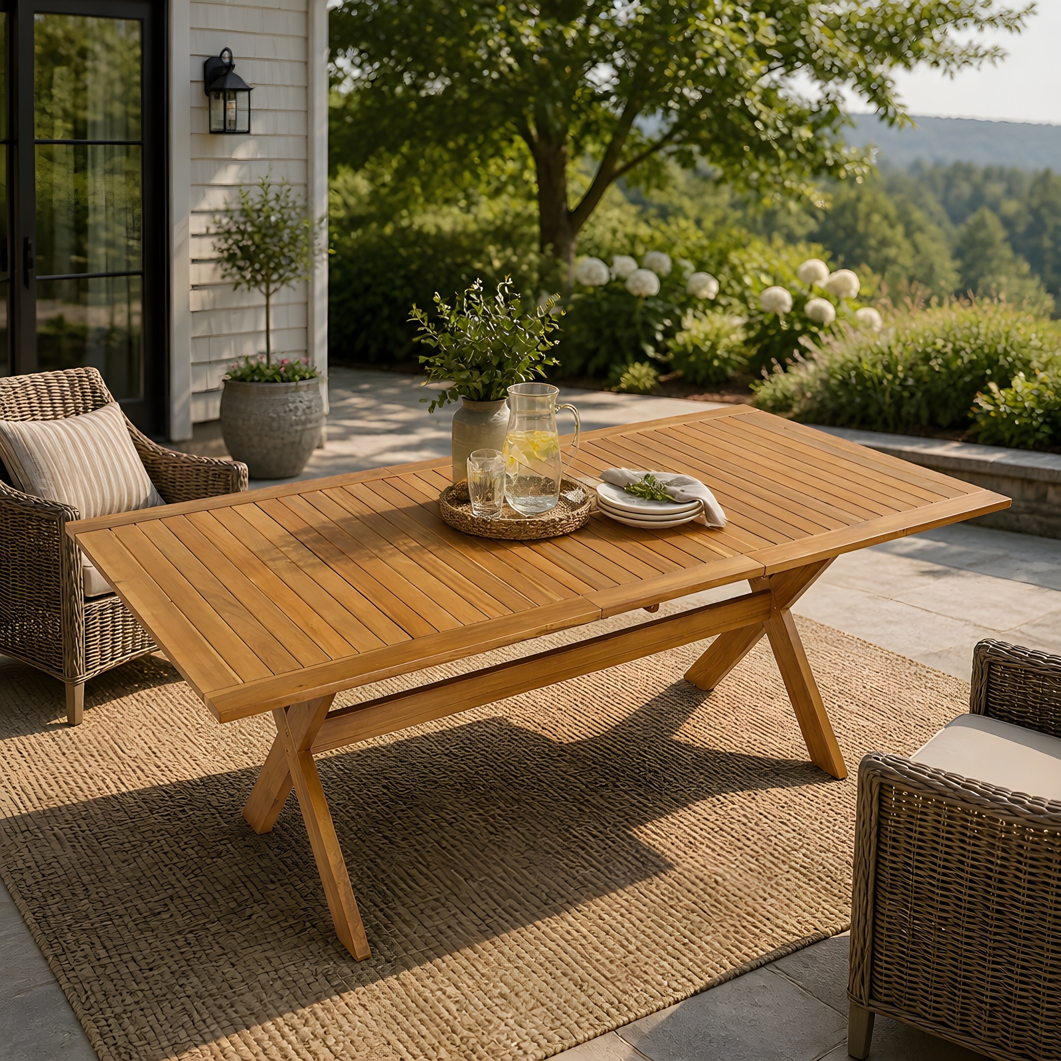 Christopher Knight Home - Railmark Outdoor Extendable Dining Table, Acacia Wood Frame & X-Shaped Leg Support, for 4-6 People