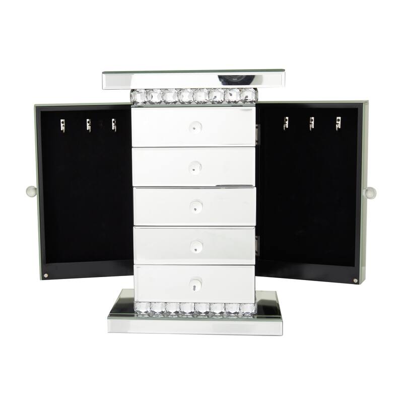 Glass or Wooden Mirrored 5 Drawers Jewelry Box with Crystal Embellishments - Silver - Roche River Decor